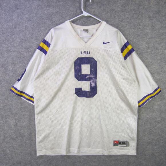 LSU Tigers Jersey Mens XXL White Purple Gold NCAA Football Nike Mesh No 9 V Neck - Picture 1 of 7
